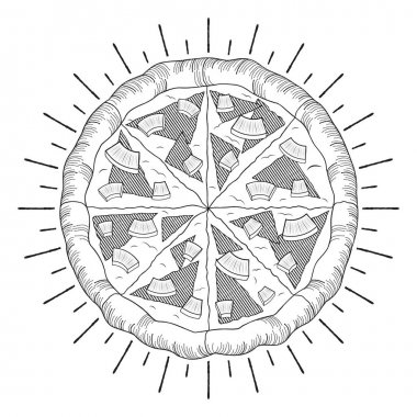 Hawaii pizza (ananas, jambon) - siyah ve beyaz illüstrasyon / çizim