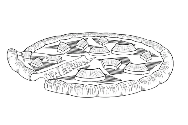 Havajská Pizza Ananas Šunka Černá Bílá Ilustrace Kresba — Stockový vektor