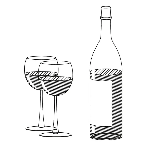 Μπουκάλι Κρασί Και Δύο Ποτήρια Ασπρόμαυρη Απεικόνιση Σχέδιο — Διανυσματικό Αρχείο