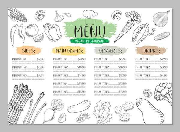 Vegano Restaurante Plantilla Menú Tarjeta Dibujos Vegetales — Vector de stock