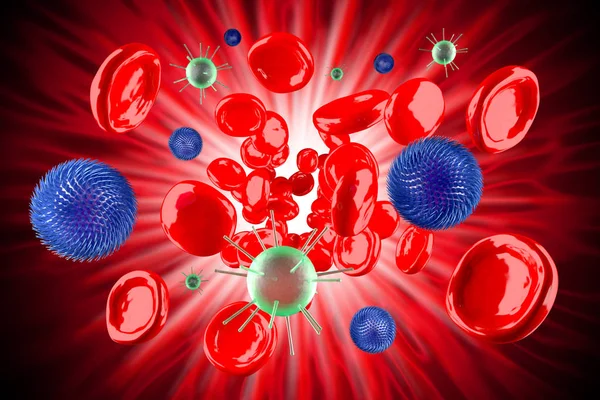 3D еритроцити, вірусні клітини всередині вени — стокове фото
