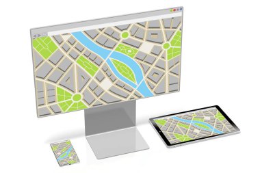 3d monitör, akıllı telefon ve monitör - harita konsepti