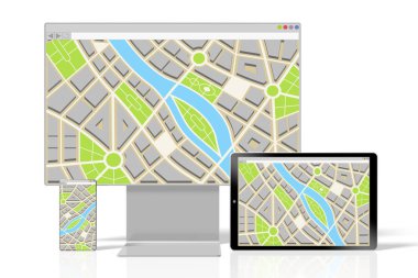 3d monitör, akıllı telefon ve monitör - harita konsepti