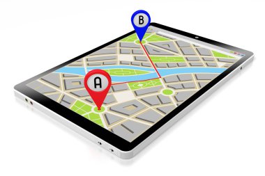 3d tablet, harita - rota/ mesafe konsepti