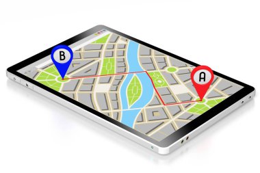 3d tablet, harita - rota/ mesafe konsepti