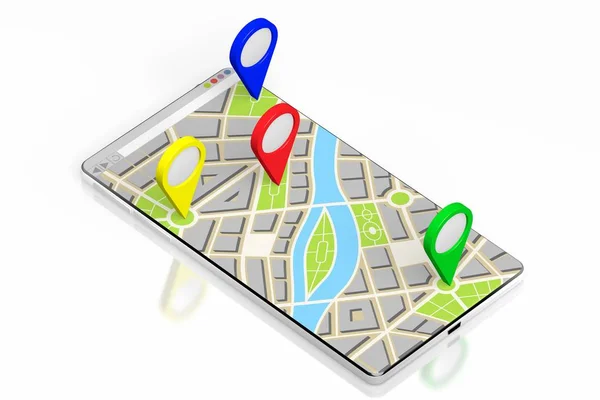 Smartphone 3D, mappa - concetto di destinazione — Foto Stock