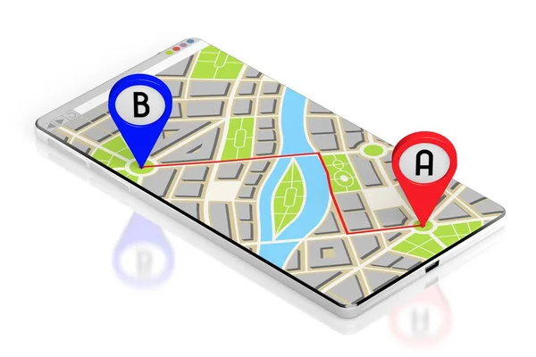 Smartphone 3D, mapa - ruta / concepto de distancia — Foto de Stock