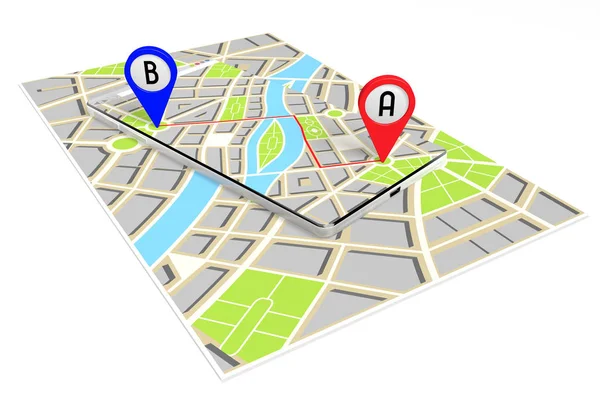 Smartphone 3D, mapa - ruta / concepto de distancia —  Fotos de Stock