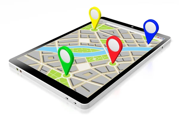 Tablet 3D, mapa - conceito de destinos — Fotografia de Stock
