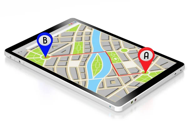 Tablet 3D, mappa - concetto percorso / distanza — Foto Stock