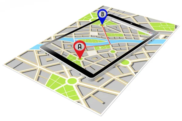 Tablette 3D, carte - concept itinéraire / distance — Photo