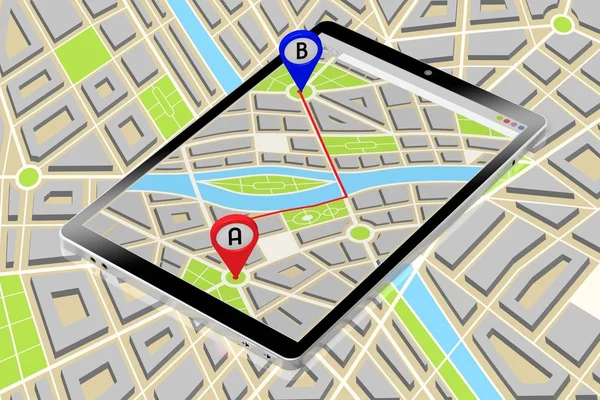 Tableta 3D, mapa - ruta / concepto de distancia —  Fotos de Stock