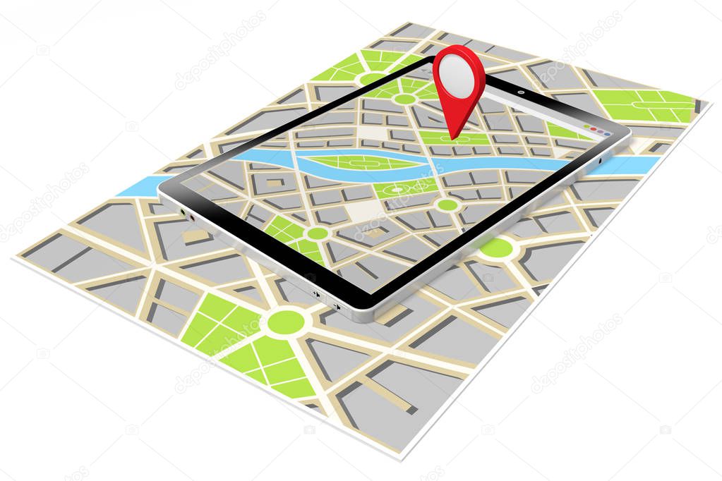 3D tablet, map - location concept