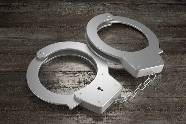 Law Crime Concept Handcuffs Wooden Background — Stock Photo, Image