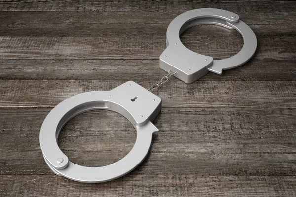 Law Crime Concept Handcuffs Wooden Background — Stock Photo, Image