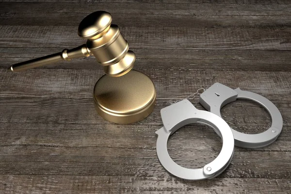 Law Crime Concept Handcuffs Golden Gavel — Stock Photo, Image