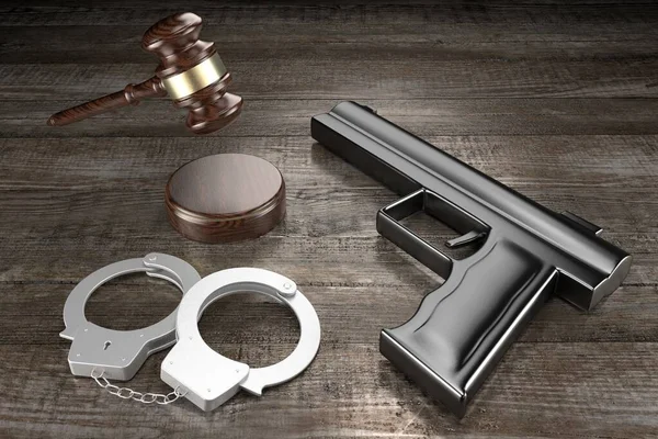 Legge Concetto Crimine Manette Pistola Sfondo Legno — Foto Stock