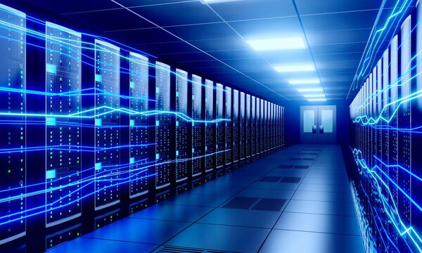 3D server room/ data center - storage, hosting, fast Internet concept.