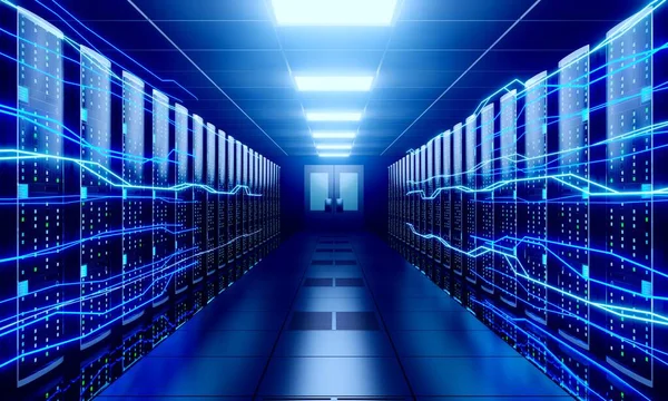 3D server room/ data center - storage, hosting, fast Internet concept.