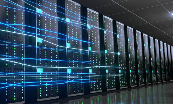 3D server room/ data center - storage, hosting, fast Internet concept.