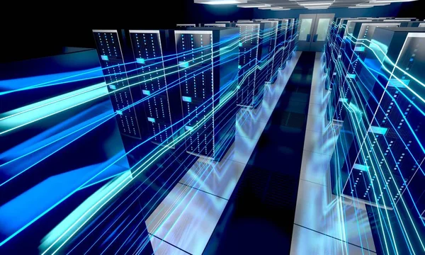 3Dサーバールーム データセンター ストレージ ホスティング 高速インターネットの概念 — ストック写真