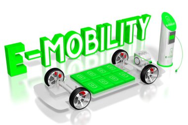 E-mobility concept, electric car and charging station. 3D rendering; clipart
