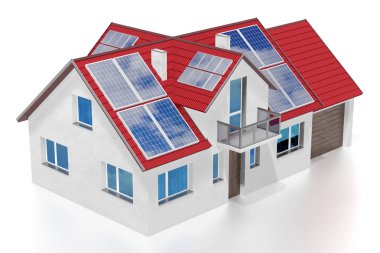 Çatıda güneş panelleri olan bir ev. 3d oluşturma