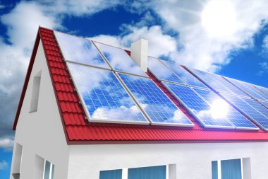 Çatıda güneş panelleri olan bir ev. 3d oluşturma