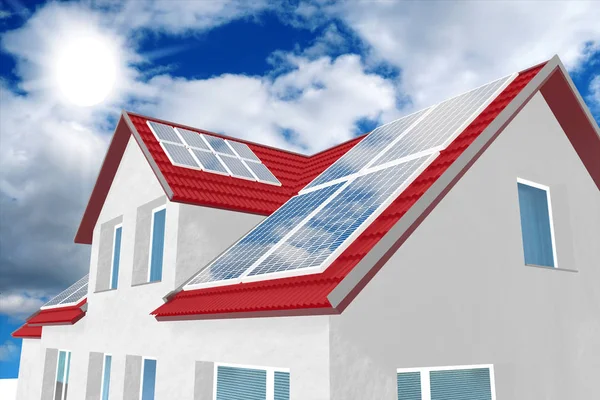 Дом с солнечными панелями установлен на крыше. 3D рендеринг — стоковое фото