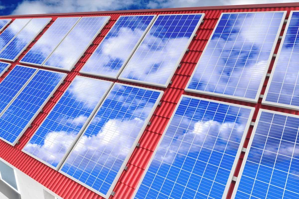 Solární / fotovoltaické panely instalované na střeše. 3D vykreslování — Stock fotografie