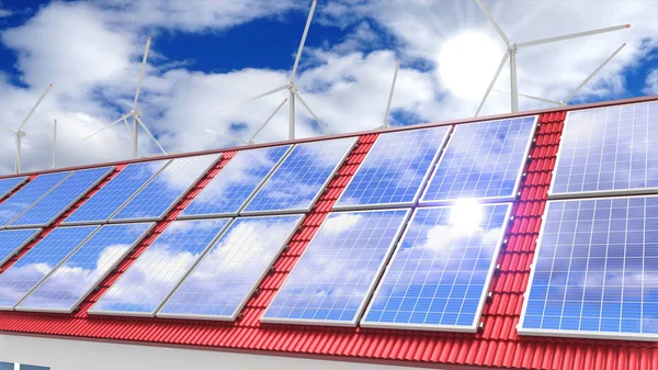 Paneles solares / fotovoltaicos, aerogeneradores. Renderizado 3D — Foto de Stock