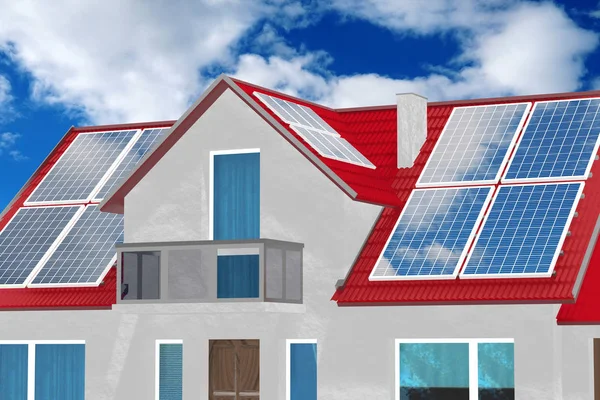 Dům se solárními panely na střeše. 3D vykreslování — Stock fotografie