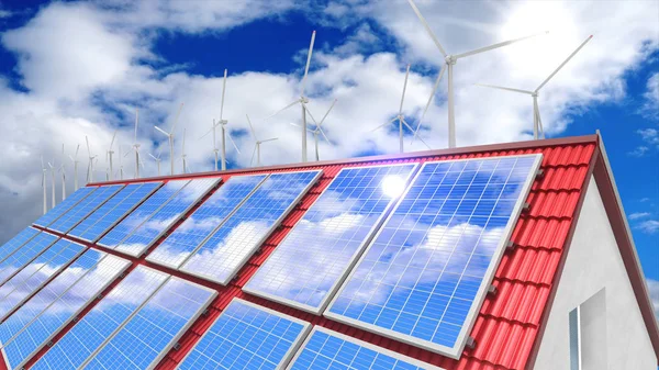 Güneş / fotovoltaik paneller, rüzgar türbinleri. 3d oluşturma — Stok fotoğraf