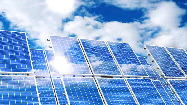 Solární panely, obloha - koncept zelené energie. 3D vykreslování — Stock fotografie
