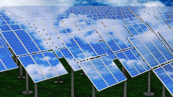 Solární panely - koncept obnovitelné energie. 3D vykreslování — Stock fotografie