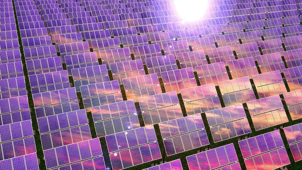 Solární panely - koncept obnovitelné energie. 3D vykreslování — Stock fotografie