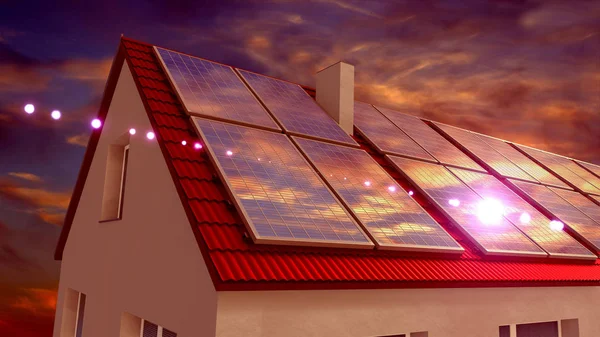 Paneles solares instalados en un techo, cielo al atardecer. Renderizado 3D — Foto de Stock