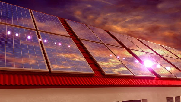 Zonnepanelen geïnstalleerd op een dak, zonsondergang hemel. 3d destructie — Stockfoto