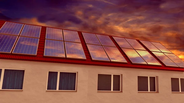 Paneles solares instalados en un techo, cielo al atardecer. Renderizado 3D — Foto de Stock