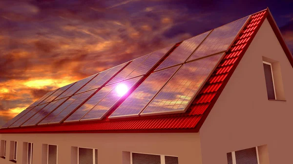 Solární panely instalované na střeše, zapadající obloha. 3D vykreslování — Stock fotografie
