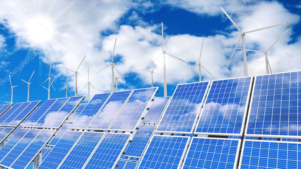 Solar panels installed on a roof, wind turbines. 3D rendering