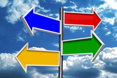 Dört oklu işaret direği, arkaplanda gökyüzü - 3B illüstrasyon