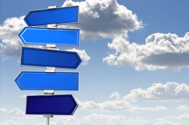 Mavi oklu işaret direği, arkaplanda gökyüzü - 3B illüstrasyon