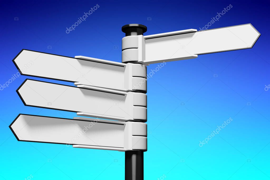 Signpost with white arrows, abstract blue sky - 3D illustration