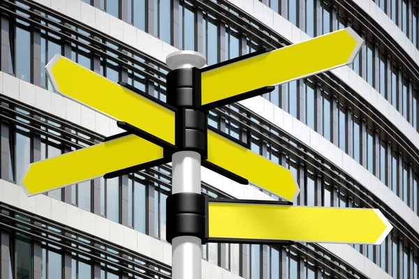 Signpost with yellow arrows, office building in background - 3D illustration