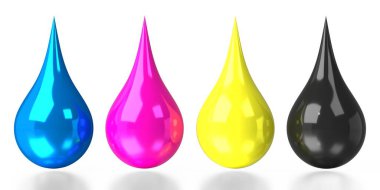CMYK renkleri, damlalar - cyan, morumsu, sarı, siyah - 3D illüstrasyon