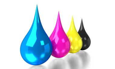 CMYK renkleri, damlalar - cyan, morumsu, sarı, siyah - 3D illüstrasyon