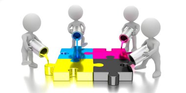 CMYK konsepti, çizgi film karakterleri - cyan, morumsu, sarı, siyah - 3D illüstrasyon