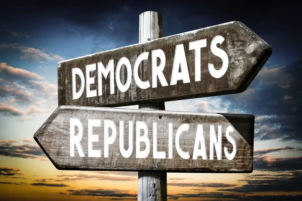 Democrats Republicans Wooden Signpost Roadsign Two Arrows — Stock Photo, Image