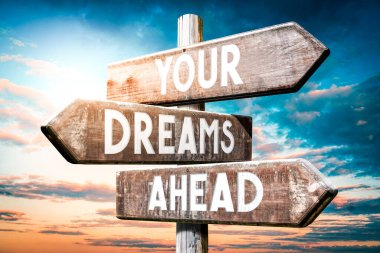 Hayallerin ileride. Tahta levha, üç oklu yol işareti.